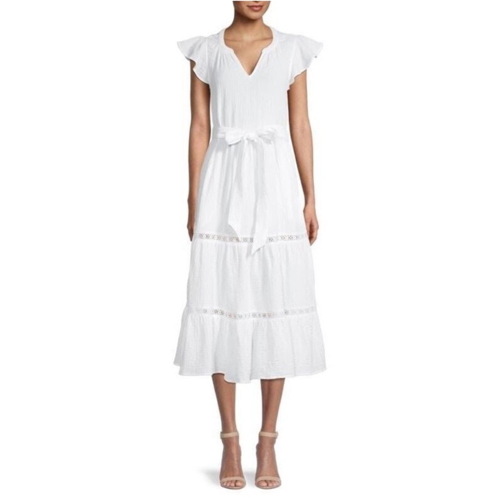 Magaschoni Small Midi Dress Organic Cotton White Gauze Crochet Cottagecore